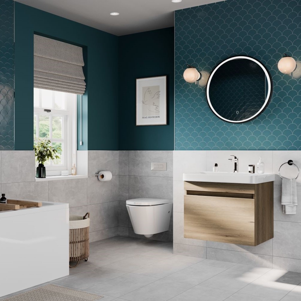 Wide lifestyle shot of Britton Dalston 600mm wall-hung single drawer unit in golden oak